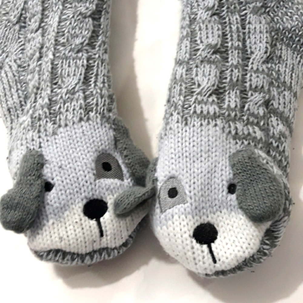 Jane and Bleecker Socks Sleepers Gray Lined Cable Knit Puppy Face Size 5-9